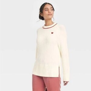 A New Day Romantic Long Sleeve Crewneck Sweater Red Heart Sizes XS, S. M Cream